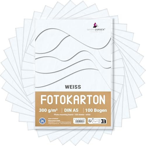 MarpaJansen Fotokarton in Weiß, matt, DIN A5, 100 Bogen, 300 g/m² stabiler Bastelkarton für kreative & künstlerische Zwecke, Blauer Engel zertifiziert