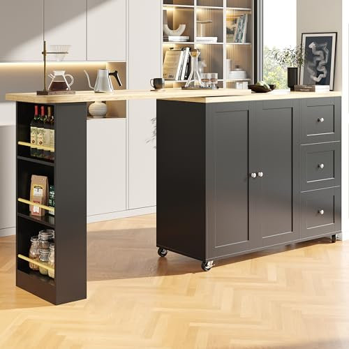 360° drehbarer Ausziehbarer Stehtisch Kücheninsel Multifunktionale Aufbewahrungsinsel mit Rollen, 3 Schubladen & Snackhalter für Küche, Wohnzimmer & Bistrotisch 138-209 x 39 x 106 cm - Schwarz