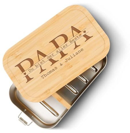 GRAVURZEILE Brotdose aus Edelstahl mit graviertem Bambusholzdeckel - Papa du bist der aller Beste - Personalisiert mit Namen - Nachhaltiges Geschenk zum Vatertag - Größe: Groß