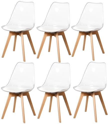 Uderkiny 6er-Set Esszimmerstuhl, Moderne transparente Esszimmerstühle, Skandinavischer Stuhl, Transparentes PP-Material+Beine aus Buchenholz, geeignet für Wohnzimmer/Esszimmer/Küche (Weiß PU, 6)