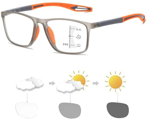 Gafas de presbicia bifocales progresivas fotocromáticas inteligentes deportivas, gafas de lectura de luz anti-azul de moda, gafas ultraligeras de lectura bifocales portátiles(Grey/Orange,2.0 x)