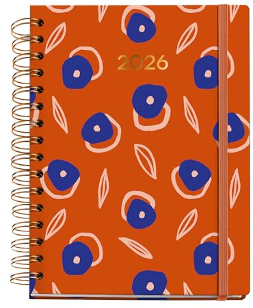 Miquelrius - Veckokalender 2026, veckovisning, storlek 160 x 218 mm, veckoplanering, dubbelspiral, omslagspapper 100 g/m², 6 språk, klistermärken, Marguerita Collection, Flourish