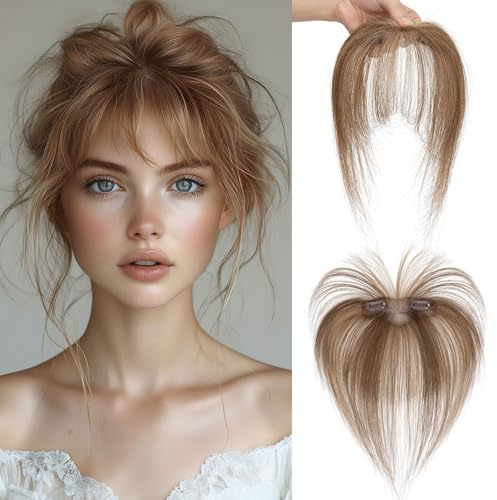 MY-LADY Clip in Pony Haarteil Echthaar Luft mit 2 Clips, Französischer Pony Fringe Perücke 3D Haarverlängerung, Extensions Bangs Natürliche für Damen Farbe Mittelbraun/Dunkelblond