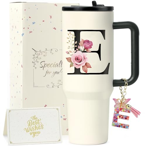 ZIOISNM A-Z 1.2L Gourde Isotherme avec Paille, Mug Isotherme avec Paille Double Paroi Acierxydable à, Un Cadeau Femme Idéal pour Anniversaire, Noël ou Saint-Valentin (E)