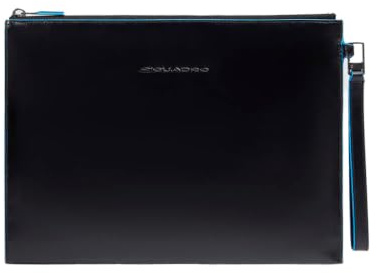 PIQUADRO - Bolso de Mano en Piel Blue Square - Hombre - Color Negro | Para Tablet Mini, Asa extraíble, Bolsillos internos, Dispositivos pequeños, Oficina, Viajes de trabajo, Correa de muñeca