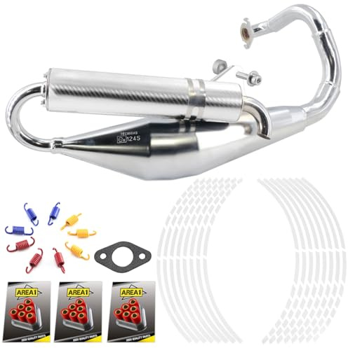 Area1 Sport Auspuff Set Tecnigas Q-Tre Schalldämpfer Chrom passend für stehende 50ccm 2Takt Peugeo. Motoren z.B. Speedfight 1 Speedfight 2 Vivacity Elystar + Gratis Tuning Zubehör