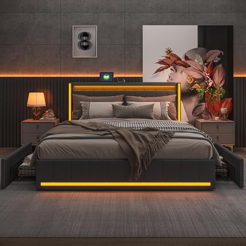 WSOFZMO Doppel Bett 180x200 mit Lattenrost, Polsterbett Doppelbett 180x200 mit Stauraum, Boxspringbett Jugendbett, Betten mit 4 Schubladen, Leinen, ohne Matratze (Neu03 Grau, 180 * 200)