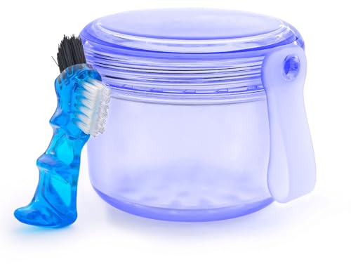 Denture Soaking Container Retainer Cleaner Box, Denture Pot Storage Holder Cup Retainer Cleaning Tub for False Teeth, Clear Aligner, Mouth Guard - Blue