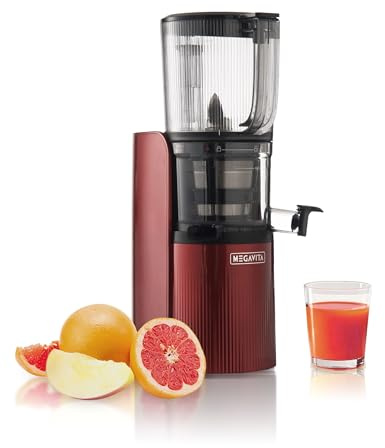 MEGAVITA Roter Kaltpress-Slow-Juicer, MVV4 Mastikationsentsafter für ganze Früchte und Gemüse, Entsafter mit 2 Bechern und Reinigungsbürste
