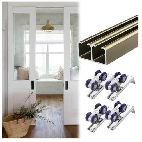 UZAMIRLEX Ensemble de Rails pour Porte en Verre, Kit de quincaillerie for Porte de Grange coulissante Multicolore, Plusieurs Tailles(Champagne,13ft/4.0m)
