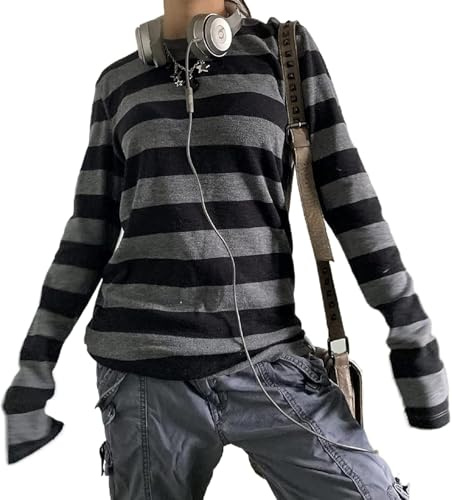 Women Teen Girls Fairy Grunge Clothes Y2K Baggy Stripped Vintage Harajuku T-Shirt Casual Long Sleeve Tops Streetwear