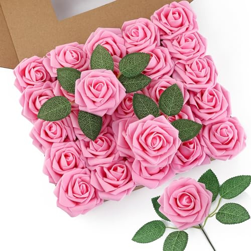DuHouse Artificial Roses 50Pcs Fake Foam Rose Flowers Weeding(Pink) | Real Touch Foam Roses with Stems, DIY Wedding Bouquet, Party Centerpiece, Floral Arrangement, Party Home Decor