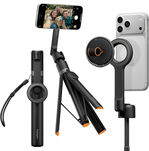 Spigen Selfie Stick für iPhone & Samsung [360° Drehbar Premium All in One], 166,5 cm Stativ mit MagSafe Magnetischer Halterung, [Bluetooth-Fernbedienung], Kompatibilität für alle Smartphones -Schwarz