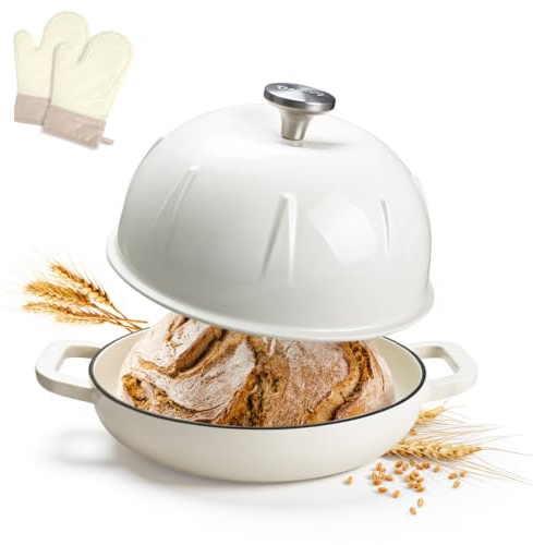 Davivy 5,35L/25cm Gusseisen Topf Brot Backen (Weiß, mit Ofenhandschuhen) | Emaillierter Gusseisen-Brotbacktopf, Dutch Oven mit gewölbtem Deckel, ideal für Sauerteigbrot und Backen