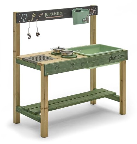 Plum Play Grubby Griddle Outdoor Discovery Mud Kitchen with Tap and Sink - Cooking utensils included - With hobs and grill