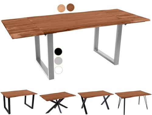 SAM Baumkantentisch 140 (220) x 90 cm Avino, Akazienholz nussbaumfarben & massiv, Esszimmertisch mit 2 Ansteckplatten, Silbernes U-Metallgestell, Esstisch ausziehbar 6-8 Personen