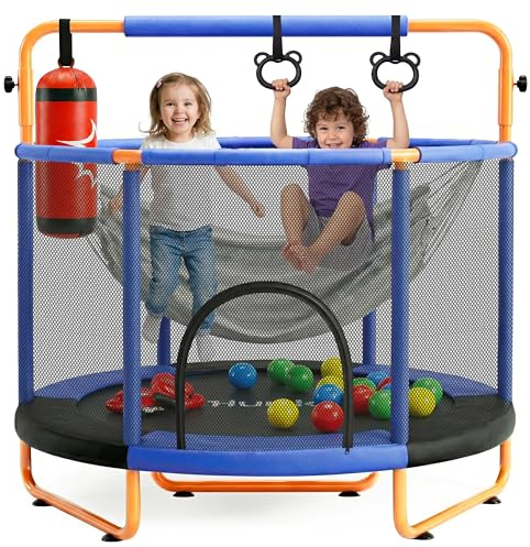 Hurtle Kindertrampolin - 140 cm mit Sicherheitsnetz – Trampolin Kinder Indoor Outdoor mit Haltestange, Schaukel, Ringe, Boxsack und Bällen bis 200 kg belastbar