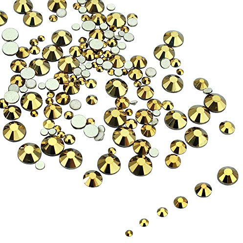 LolliBeads Resin Crystal Round Nail Art Mixed Flat Backs Acrylic Rhinestones Gems,Mix Size 1.5-5 mm, Color Antiqued Gold (1200Pcs)