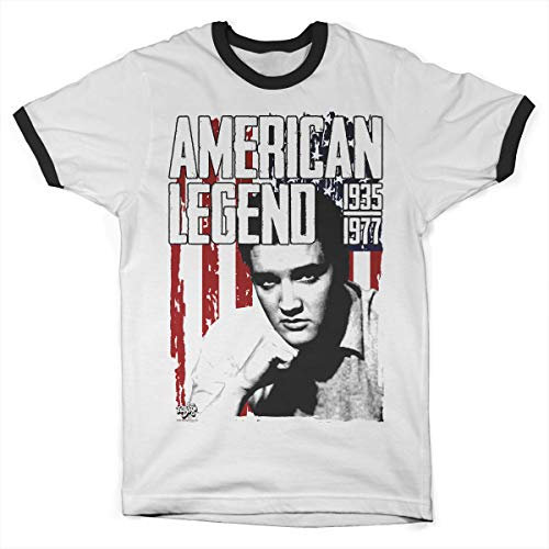 ELVIS PRESLEY Offizielles Lizenzprodukt American Legend Ringer Herren T-Shirt (Weiß-Schwarz), Large