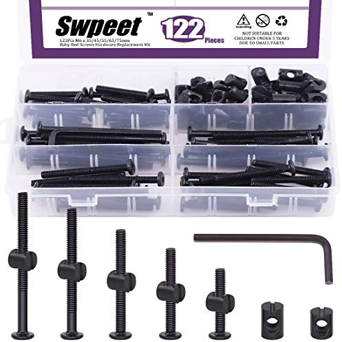 Swpeet Schrauben für Kinderbetten, M6 × 35/45/55/65/75 mm Innensechskant-Kopfkappe, Babybettschraube und Zylindermuttern mit 1 x Inbusschlüssel, perfekt für Möbel, Kinderbetten, Kinderbettschrauben
