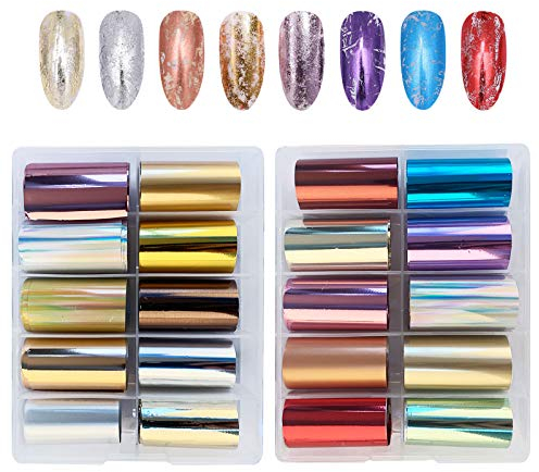 EBANKU Holographic Nail Transfer Stickers - 20 Rolls, Gold & Silver Adhesive Foil Stickers for Women's DIY Manicure & Nail Decoration