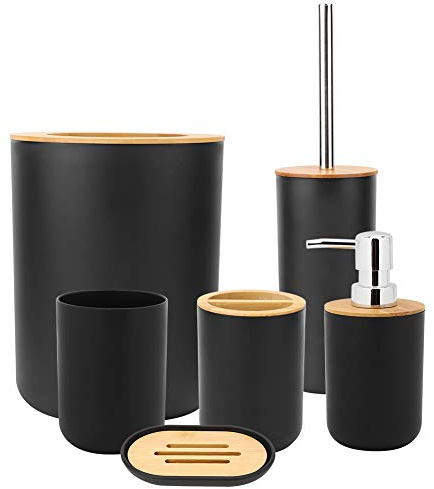 Badezimmer-Set,6-teiliges Bambus Badezimmer Set,Haushaltsbad Seifenkiste Zahnbürstenhalter Kosmetikeimer Spülbecher Lotionsflasche Toilettenbürste(Schwarz)