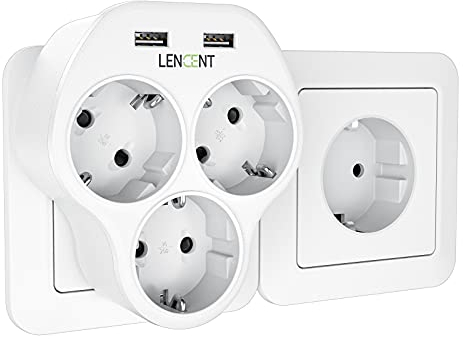 LENCENT Ladron Enchufes Triangular 4000W, Adaptador Enchufes de Pared con 3 Tomas de CA y 2 USB Puertos, Multiple Cargador USB Compatible con Móvil y Pad, Familia, Cocina y Oficina