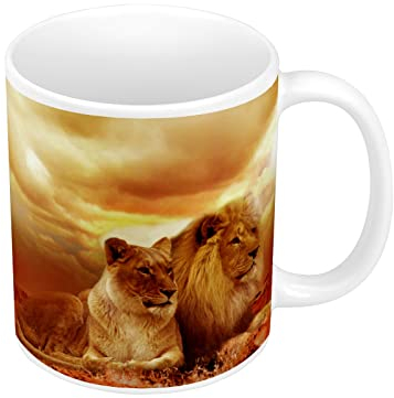 French Unicorn Mug Tasse Soleil Levant sur un Couple de Lions Vie Sauvage