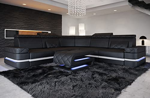 Ledersofa Positano in L-Form als Ecksofa mit LED Beleuchtung Couch mit Kopfstützen modernes Sofa (Schwarz-Weiß)