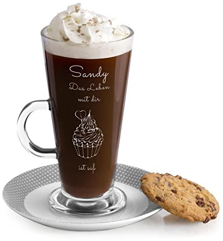 Maverton Latte Macchiato Glas mit Gravur - 360 ml - Cappuccino Tasse mit Henkel - Trinkglas für Kaffee - Kaffeezubehör - Kaffeeglas für Frauen - zum Geburtstag - personalisiert - Muffin