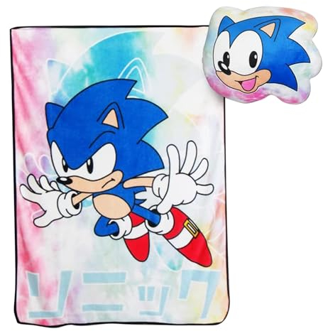 JUST FUNKY Sonic The Hedgehog Fleece-Überwurfdecke und Kissen, 114 x 152 cm, mit ästhetischem Sonic The Hedgehog | Bett-Couch-Raumdekoration | Offizielles Lizenzprodukt