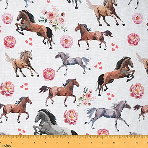 Polsterstoff für Pferde Bauernhof Western Cowboy Cowgirls Meterware Kinder Jungen Mädchen Rosa Blumen dekorativer Stoff mit niedlichem Liebhaber-Herz-Dekor Kawaii-Pferd Steppstoff 92 x 150 (HxB)