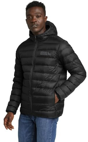 Eddie Bauer Men's CirrusLite Down Hooded Jacket, Black Recycled, X-Large Regular