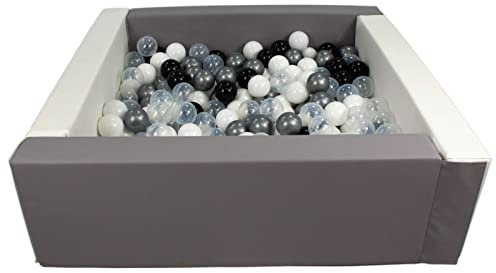 Velinda Piscine à balles carrée avec 300 balles, Cuir écologique, 5 éléments (Couleur de la Piscine/de balles: Blanc, Gris/Noir, Blanc, Transparent, Argent)