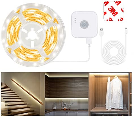 Motion Sensor Light Strip with Dual Power Supply and Auto Shut-Off Timer, Night Light, 3M Motion Activated Waterproof LED Strip Light for Kitchen, Under Cabinet, Bedroom, Shelf, Bed Warm White