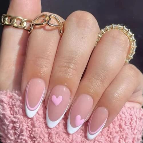 False Nails Medium Length, French Stick on Nails, 24pcs Almond Pink Press On Nail with Glue Elegant Ballet Heart Design Sweet Fake Nails for Women Girls DIY (French Love)