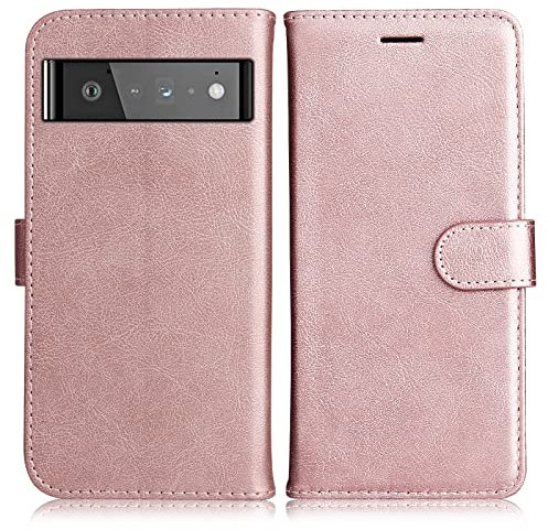 DENDICO Coque pour Google Pixel 6 Pro, PU en Cuir Coque Portefeuille Étui Housse, Design Classique TPU Coque pour Google Pixel 6 Pro, Rose