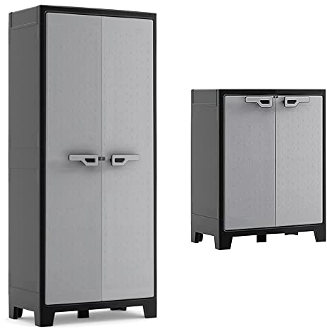 Keter Armadio Portascope Titan, 8 Ripiani Pieghevoli, Grigio, 80x44x182 H Cm & Armadio Basso Titan, 2 Ripiani Regolabili, Grigio, 80x44x100 H Cm