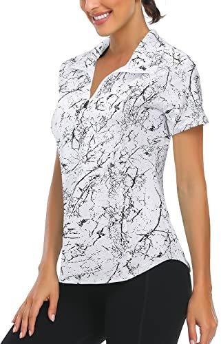 Workout Tops for Women UK, Women's Golf Clothing Elegant Ladies Fitted Tops Womens Golf Apparel Lightweight Breathable Yoga Tennis Gym Sports Shirts Marble-L