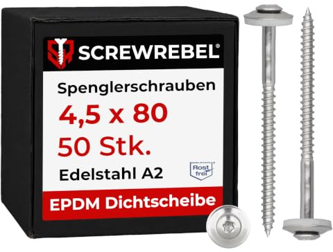 SCREW REBEL Lot de 50 vis étanches 4,5 x 80 mm, en acier inoxydable A2, avec rondelle d'étanchéité EPDM Ø 15 mm TX 20