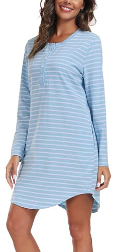 Vlazom Women’s Nightdresses Soft Cotton Nightshirt Stripes Long Sleeve Nighties Sleep Dress Sleepwear with Pockets A-Blue,L