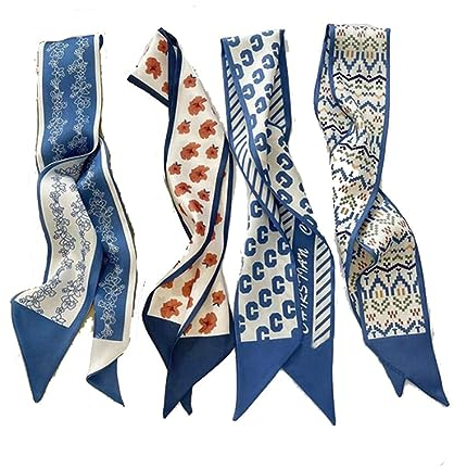 Yurosiay 5 Stück Seidenschal Haarband Damen Vintage Blumenmuster Simulierter Seiden Stirnband Französischer Haarband Schal Schmal Seidenschal Seidentücher Satin Halstuch Handtaschen Schal Blau