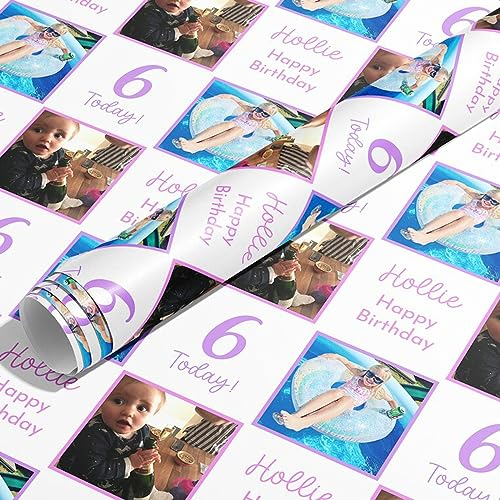 mxn Personalisiertes Geschenkpapier für Geburtstage, Geschenkpapier mit Foto und Namen, 2 Rollen, 51 x 72 cm, Glanzpapier, Lila, Versatile, Feierlichkeiten