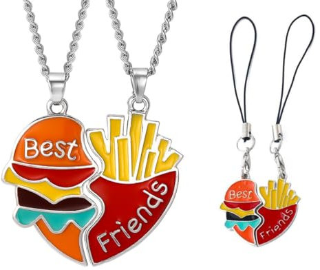 2 Stück Freundschafts-Anhänger-Halsketten-Set und 2 Stück Handyzubehör,Necklaces,Beste Freunde Ketten,Burger Fries Freundschaftskette, Geburtstagsgeschenk für beste Freunde