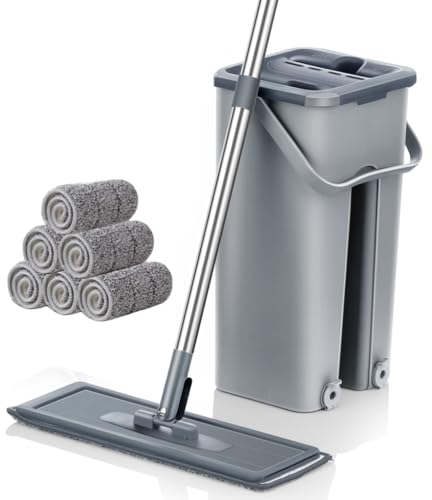 Mopa para Limpiar Azulejos y Paredes Mopa Fregona con Cubo Escurridor Palo 155 CM Fregona Autoescurrible Mopas de Limpieza Suelos Cepillo 6 Almohadillas Microfibra Limpiador y Atrapa Polvo Mop