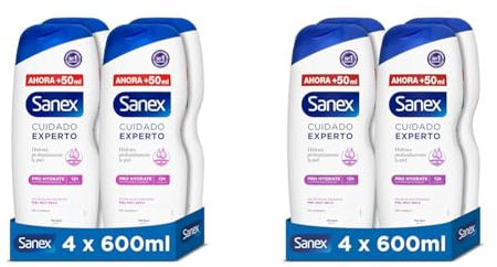 Sanex Cuidado Experto Pro Hydrate Gel de Ducha, Pack 4 Uds x 600ml, Fórmula con Prebiótico Natural, Hidrata Profundamente la Piel, 12H Hidratación, 0% Sulfatos, para Piel Muy Seca (Paquete de 2)