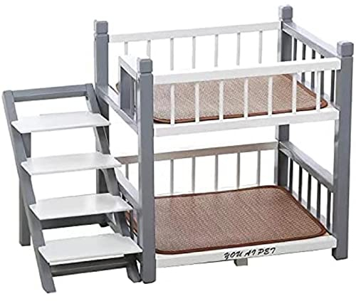 Etagenbett für Kleine und Mittelgroße Hunde Mit Treppe und Erhöhter Sitzstange, Doppellagiger Holzrahmen