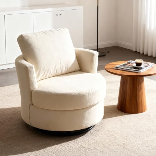 DEKKETO Chenille Swivel Cuddle Chair with Storage Space, Boucle Tub Chair with Large Pillow and Thick Cushion, Sofa Armchair for Living Room, Bedroom, Ivory