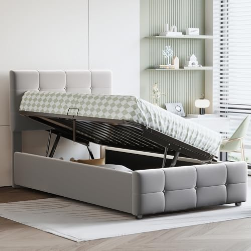 Dolamaní Polsterbett Einzelbetten 90x200 cm, Hydraulisches Stauraumbett mit Höhenverstellbares Kopfteil und lattenrost, Hoch Boxspringbett, Samtstoff, Grau