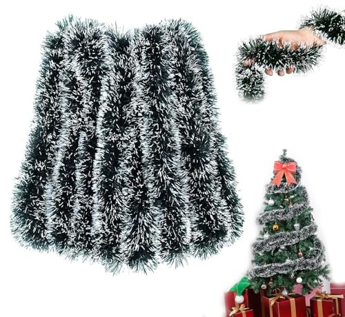 XIKTTK Weihnachtsgirlande 10m, Lametta Weihnachtsbaum Girlande Weihnachten, Glänzend Tannengrün, Weihnachtsdeko Girlande, Deko Weihnachten Für Outdoor, Treppe, Kamine, Grün Weiß